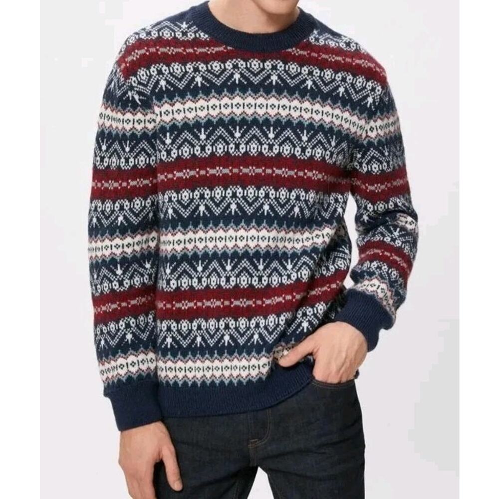 New Fair Isle Ski Sweater Men XL Navy Blue Geometric Wool Alpaca Mix Soft Retro